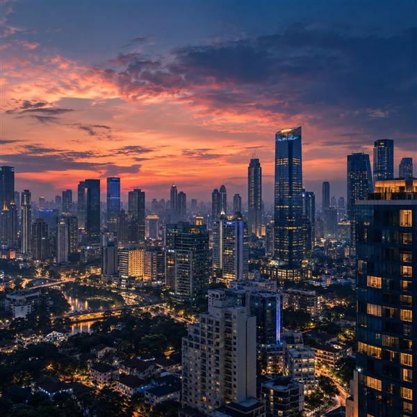 AI-generated city skyline at blue hour